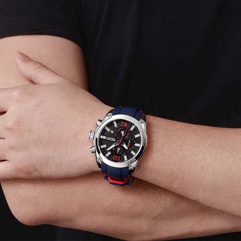 Multifunctional quartz sports watch with 46mm dial, silicone strap, and alloy case in black