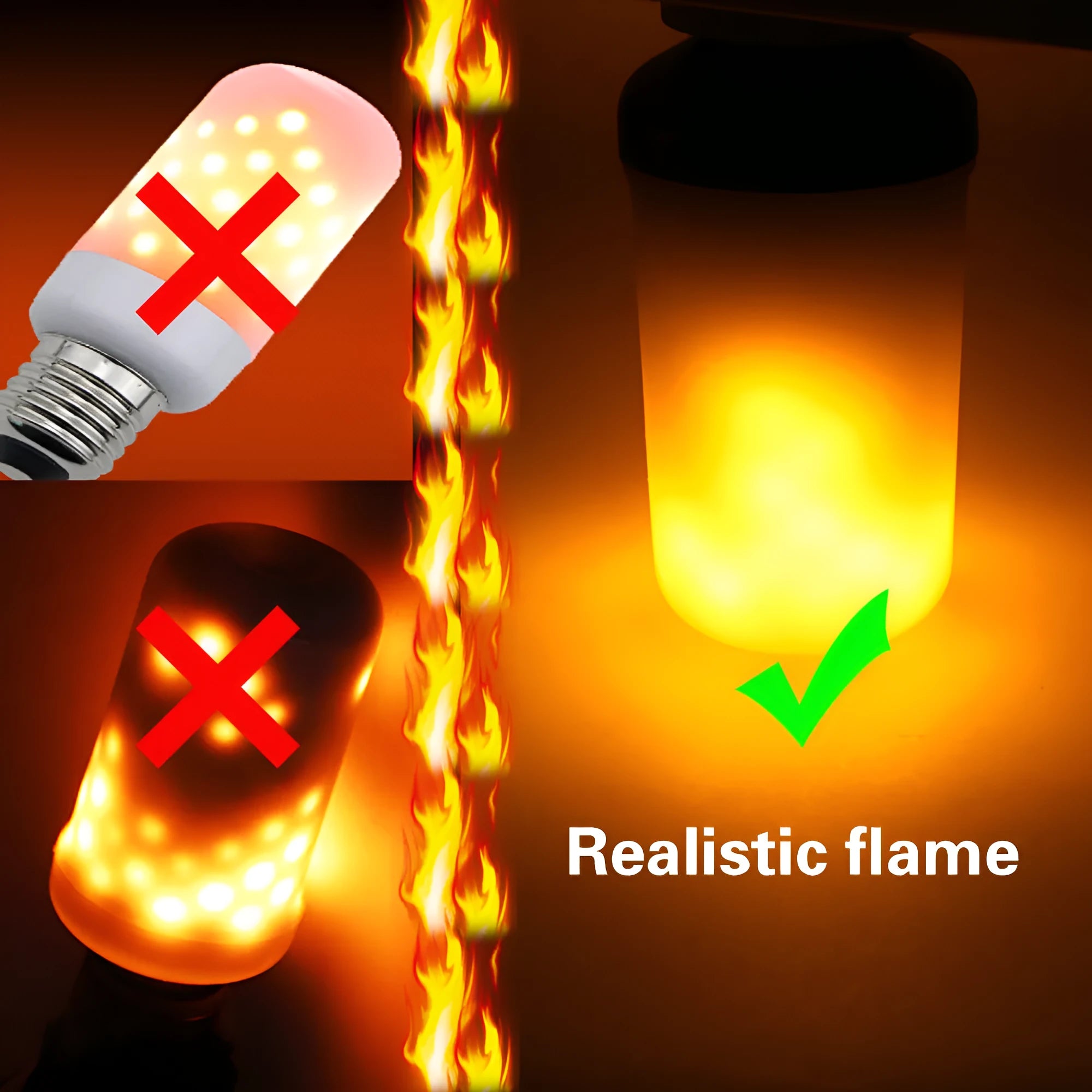 Decorative LED light bulb emitting a flickering orange flame-like glow.