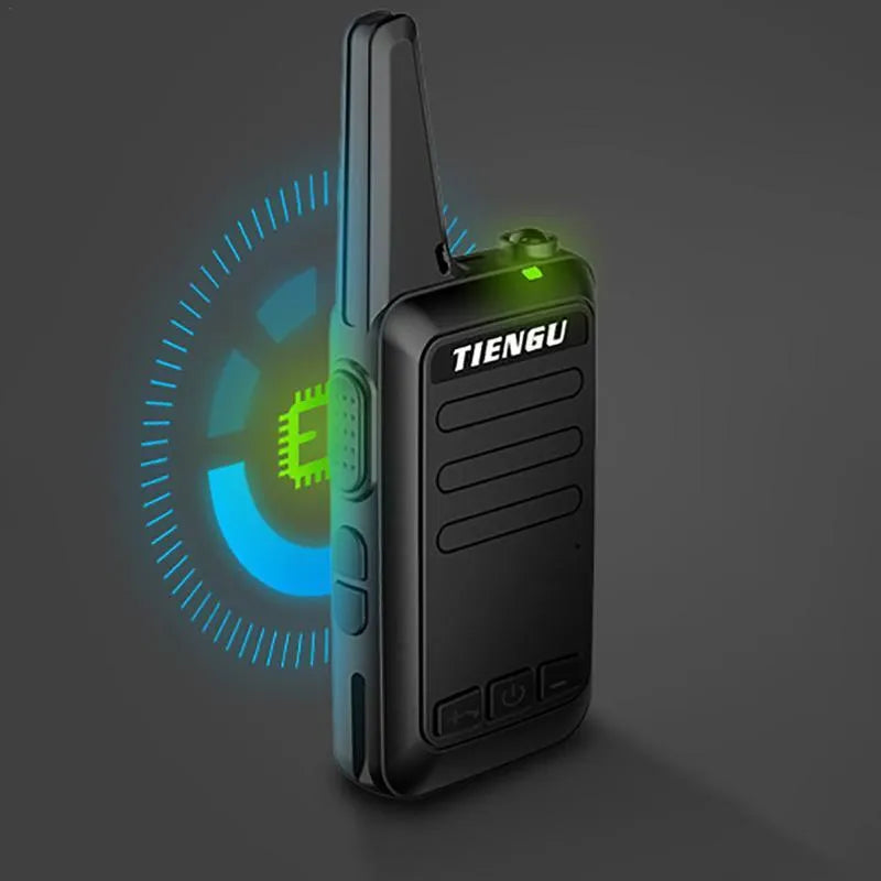 TIENGU black handheld two-way radio with antenna, LED flashlight, and back clip on a plain background