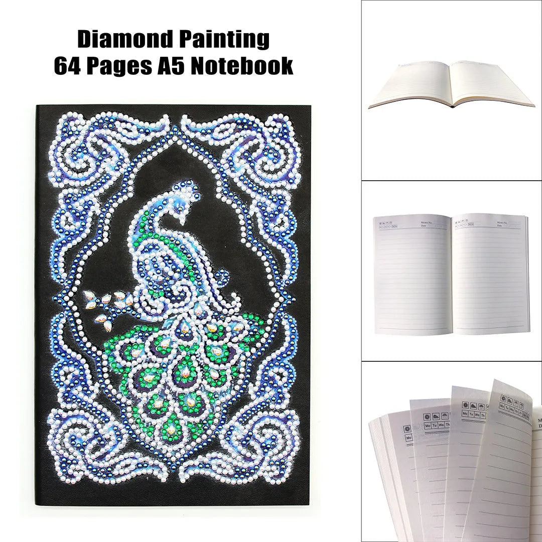 Black A5 hardcover Peacock Beauty journal open showing diamond painting canvas and organised drills in clear OPP bags.