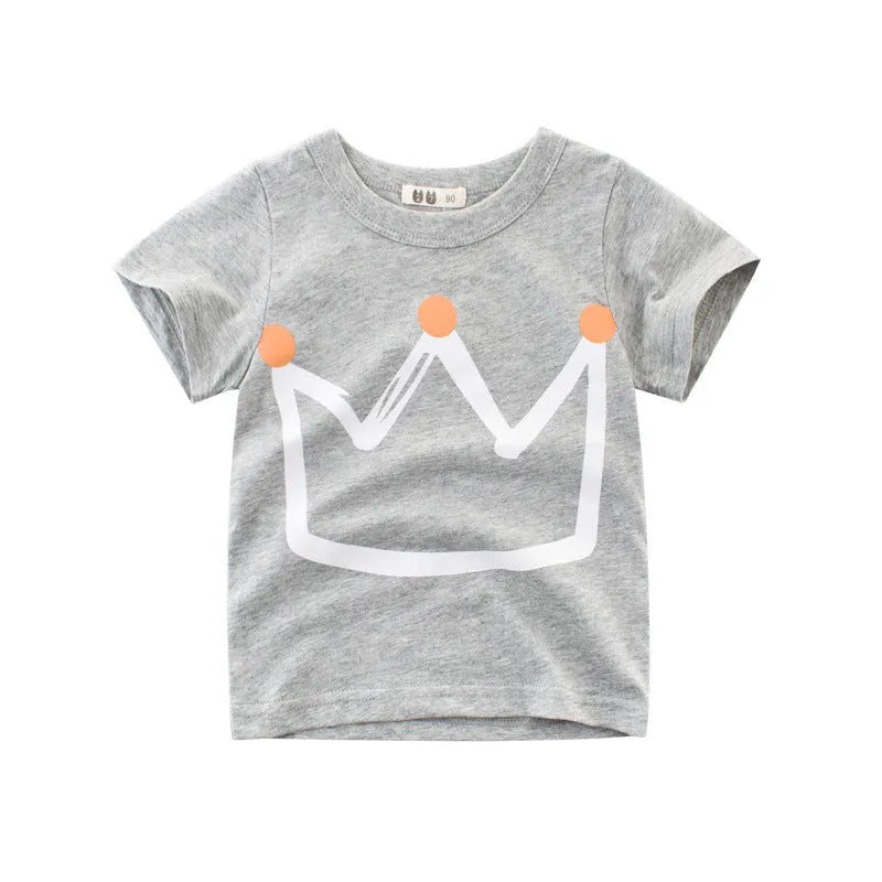 Boys' short sleeve cotton t-shirt in Korean style showing royal blue and flower grey colour options
