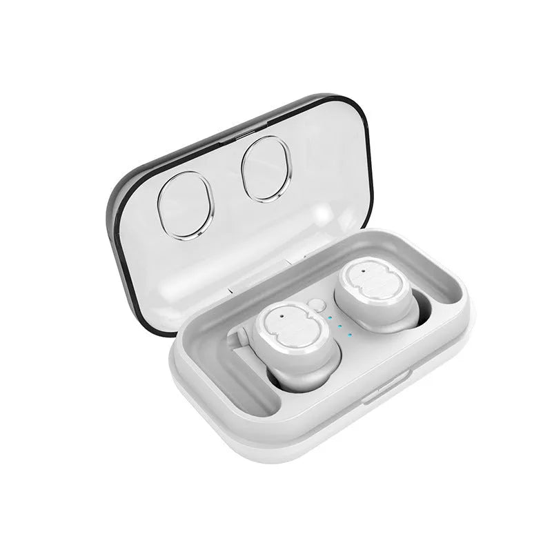 Touch control wireless Bluetooth earbuds in black, white, red, and blue colours showing earbud design.