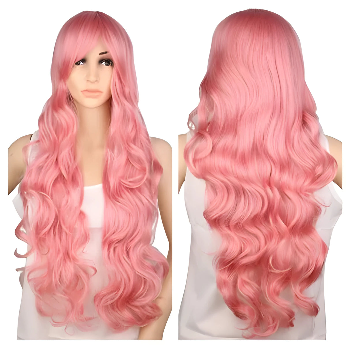 Long curly wig in natural black with full volume curls and 60cm length on display