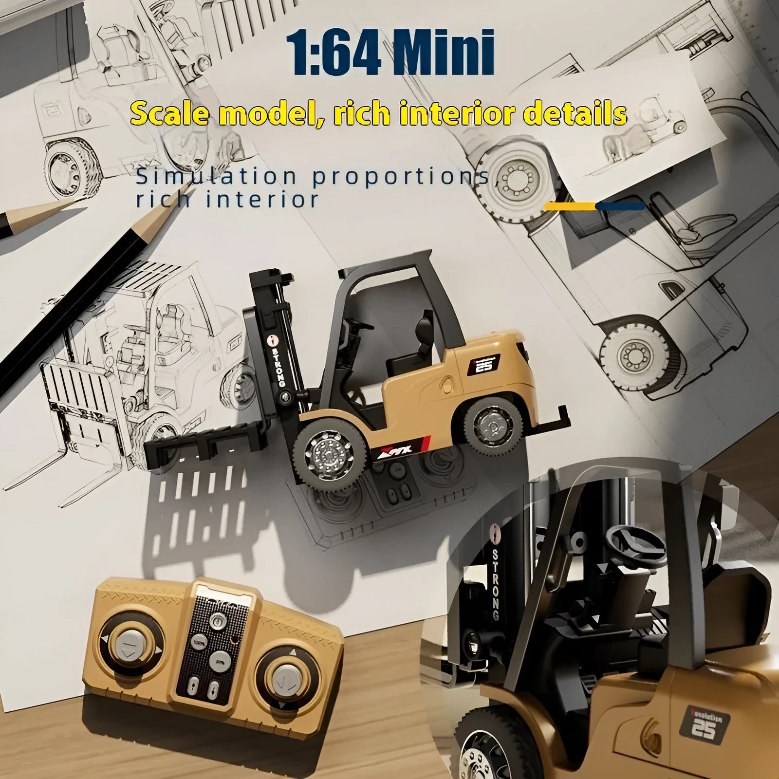 1:64 scale mini alloy forklift remote control toy with cargo accessories on pallet
