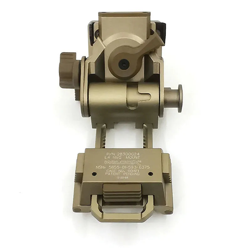 Aluminium tactical helmet dumper bracket in black, shown next to a silver and brown version