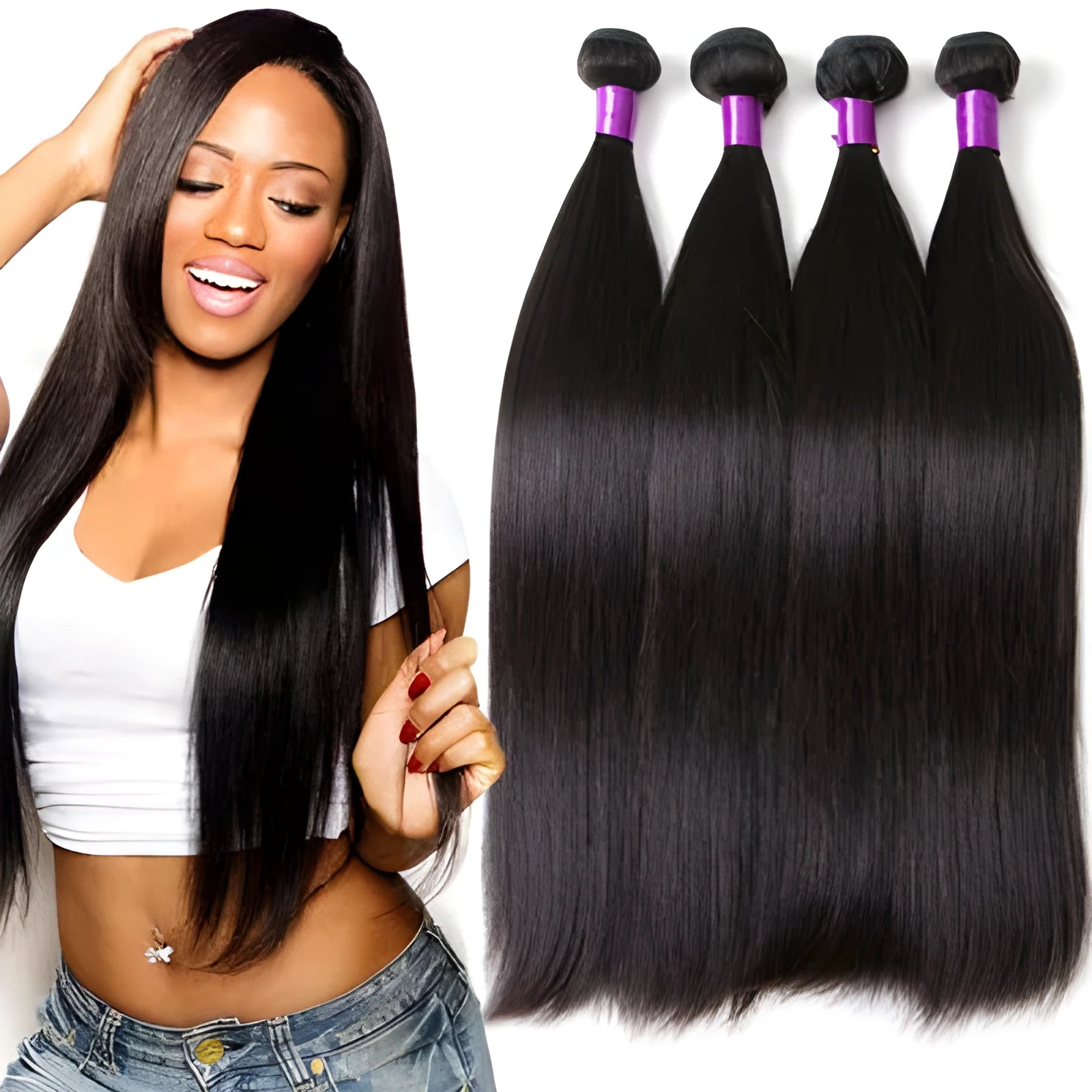 Brazilian human hair straight bundle in natural colour 1b, double weft, 100g weight, available in lengths 8 to 30 inches