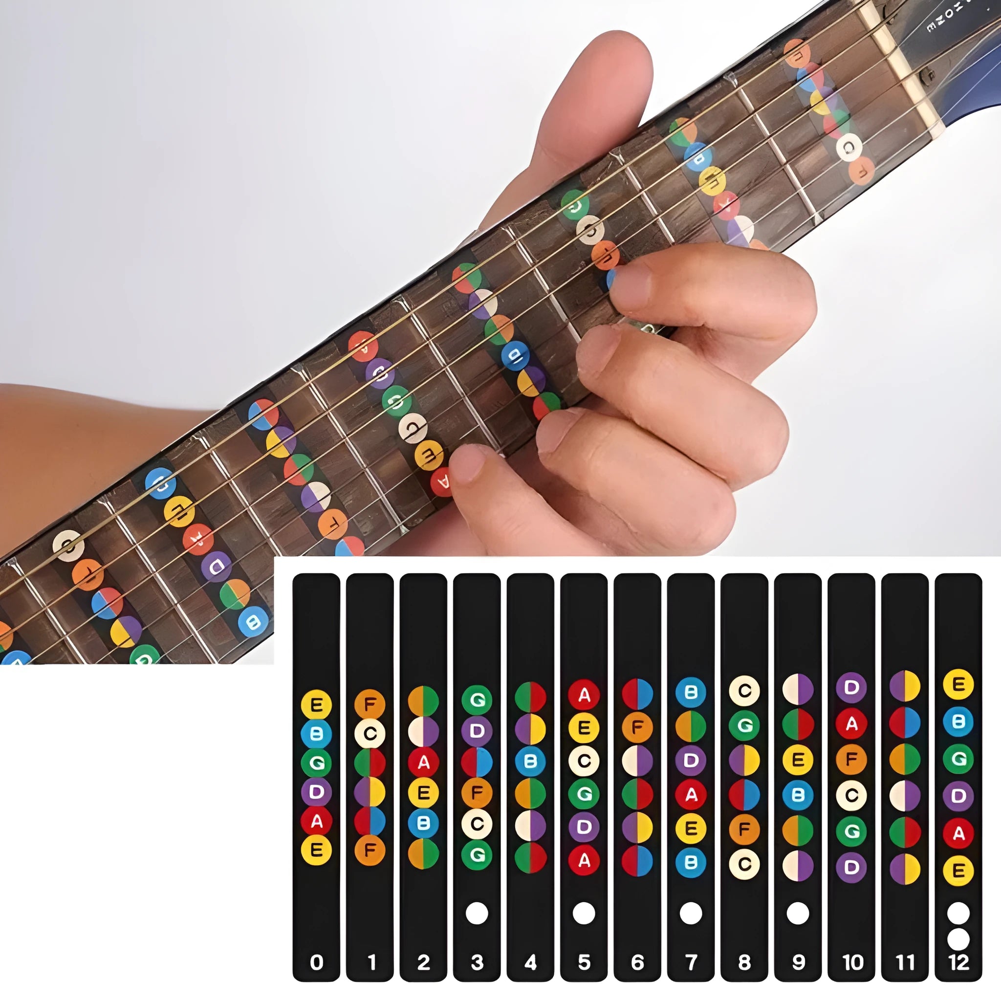 Guitar fretboard note stickers on acoustic guitar fingerboard showing note labels