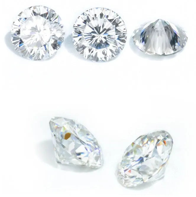 Round moissanite gemstone displaying the eight hearts and eight arrows faceting pattern on a neutral background.