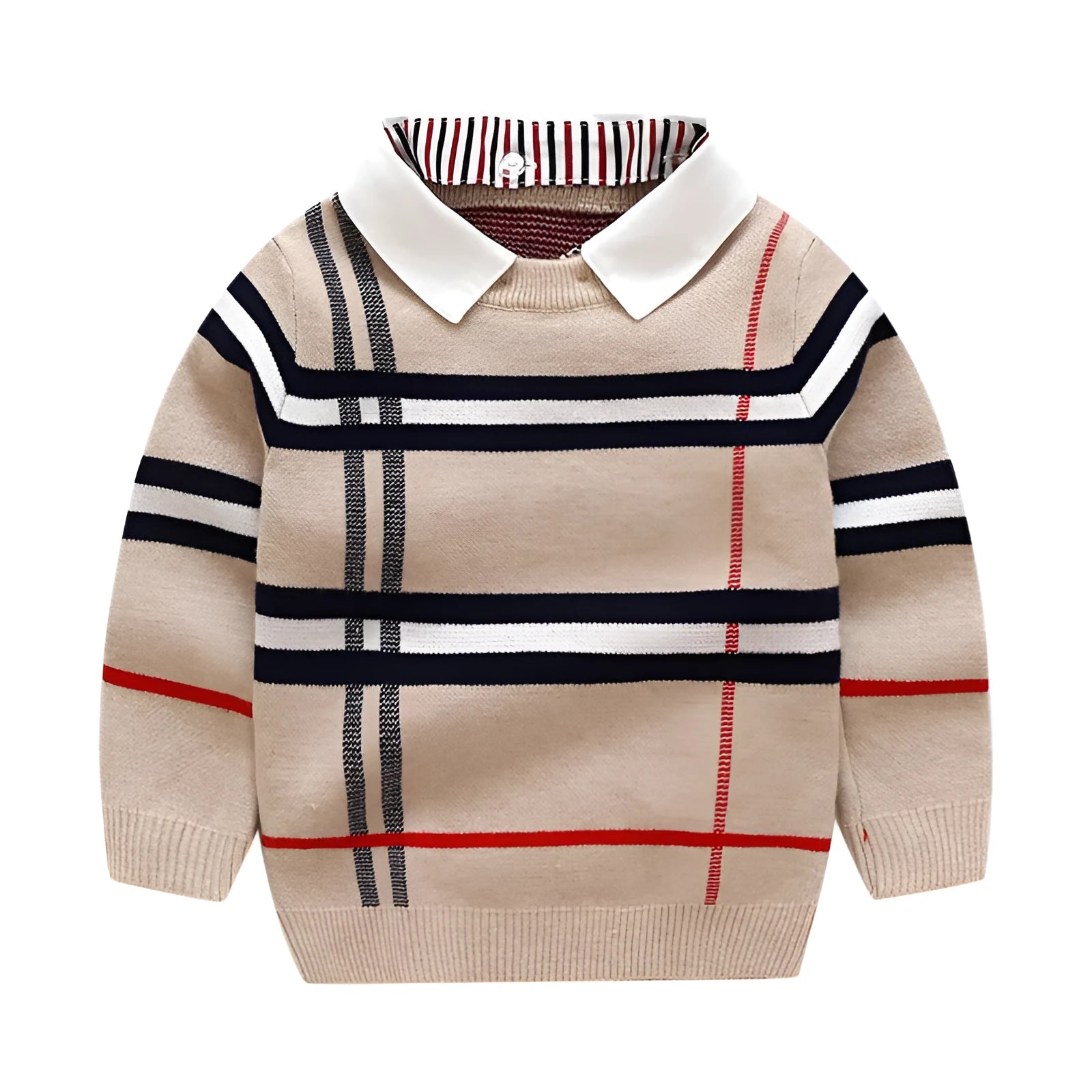 Boys plaid jacquard sweater in soft cotton fabric with long sleeves and pullover design