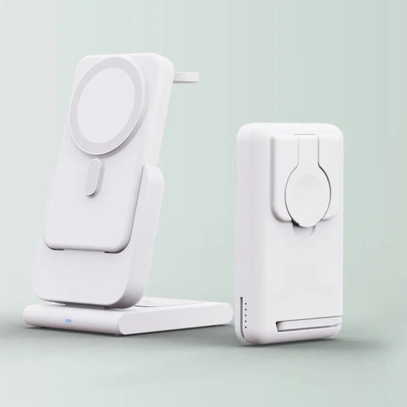 Three-in-one magnetic power bank with folding bracket charging iPhone 12-14 Apple Watch and AirPods wirelessly