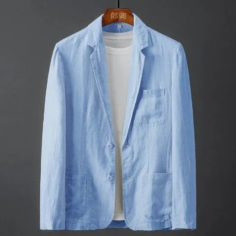 Men's slim fit linen suit jacket in solid colour with nine-point sleeves and mid-length cut
