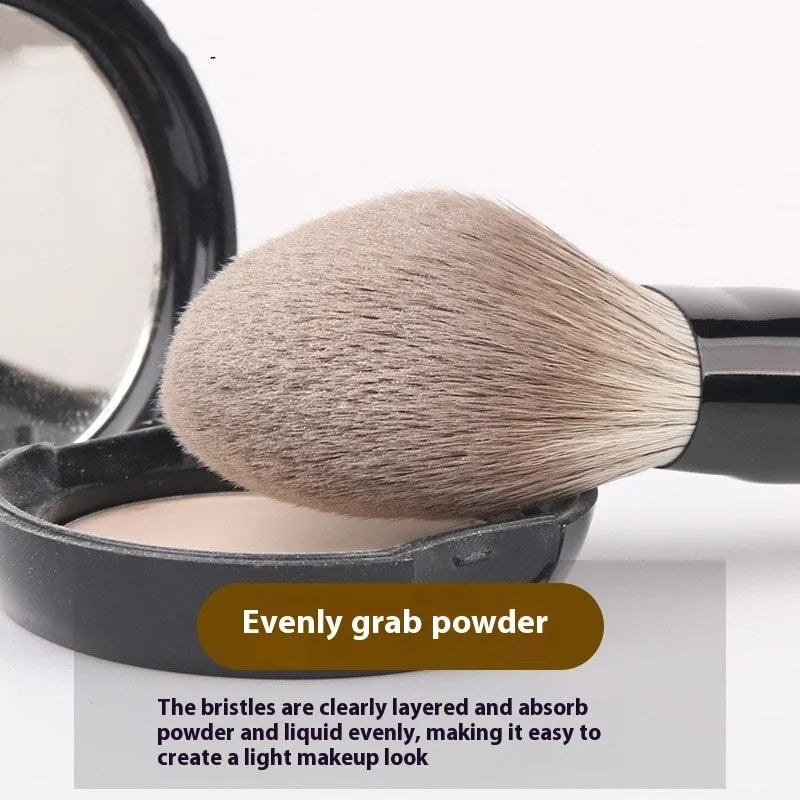 12-piece makeup brush set with wooden handles and a black PU travel case open to show brushes.