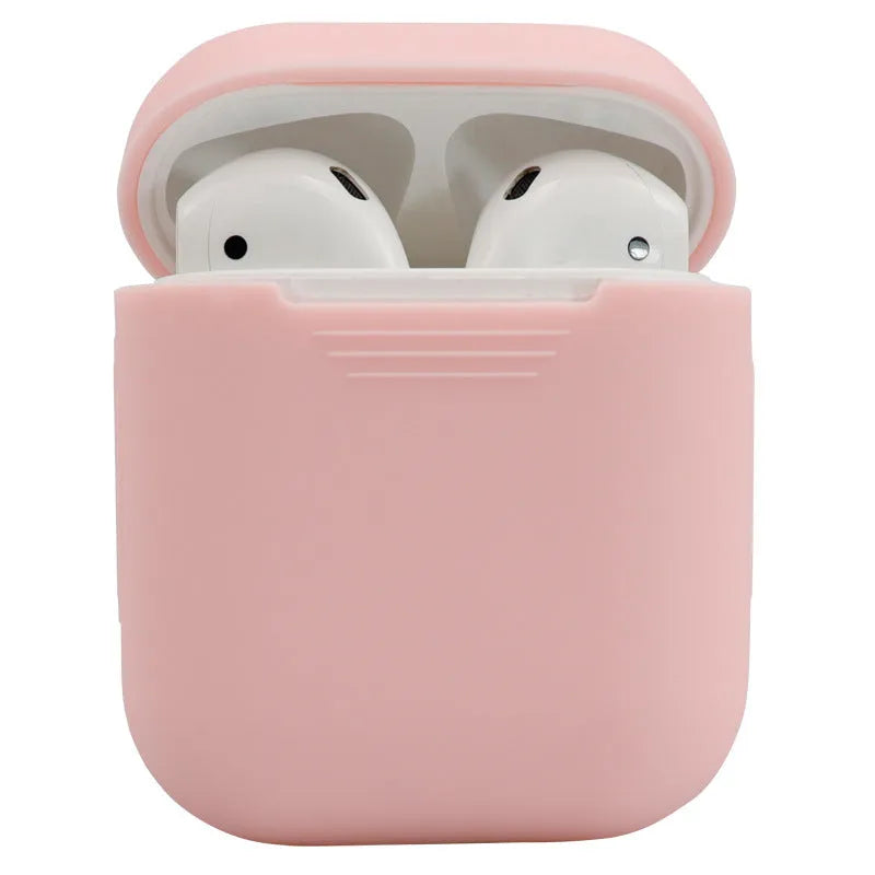 Silicone protective case for Apple AirPods shown in multiple colours, with dimensions 56mm by 47mm.