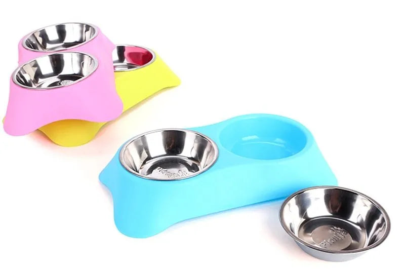 Sunscreen silicone pet double bowl with non-slip base, stainless steel interior, available in Blue, Green, and Rose Red