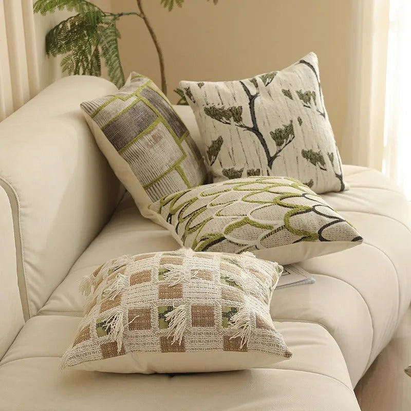 45cm square jacquard woven cushion cover with embroidered floral pattern in retro Nordic style