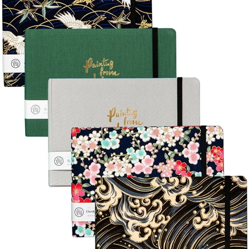 Feiluniao handmade fabric watercolour notebook open showing a painted sketch, with pine green cover.