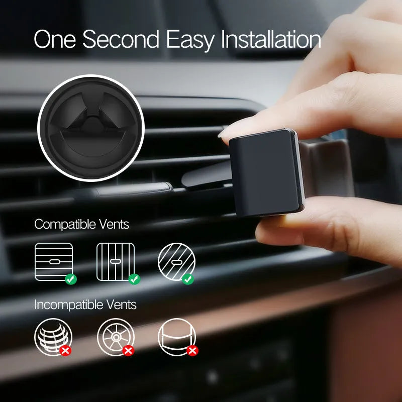 Universal car phone holder for dashboard, windscreen, or vent mounting in black and grey