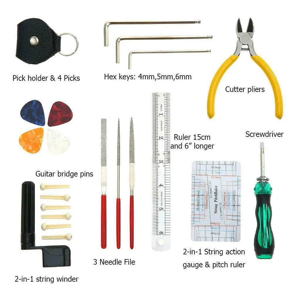 Black plastic case open to reveal 22 metal guitar repair tools including files, rulers, and wrenches for setup