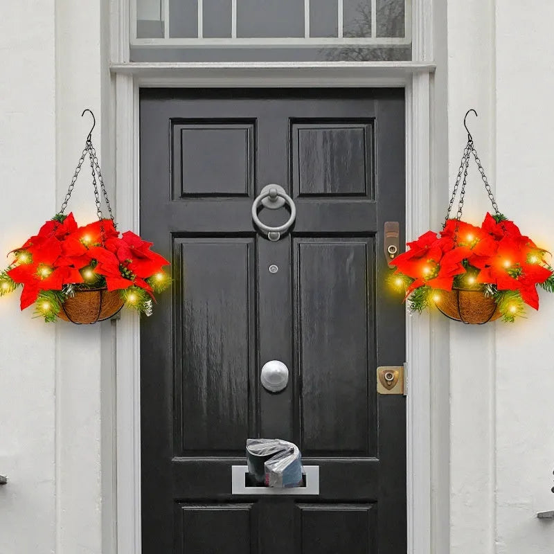 Red artificial Christmas flower hanging basket wall decoration with pre-assembled floral arrangement