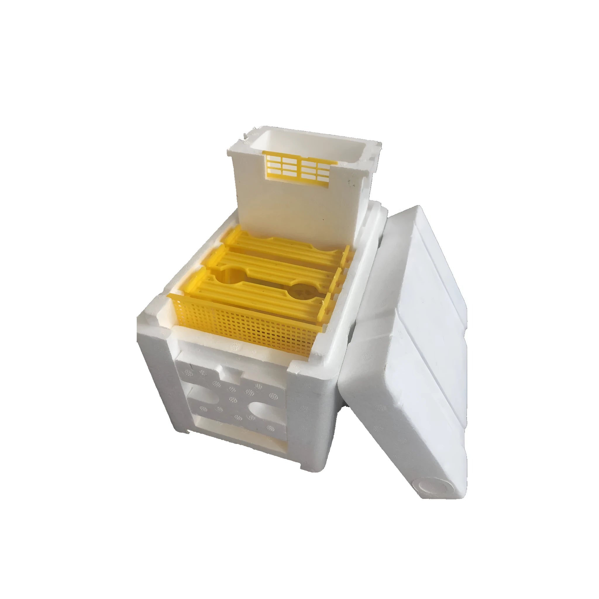 Three white EPS foam mini delivery boxes for beehive mating and breeding tool set.