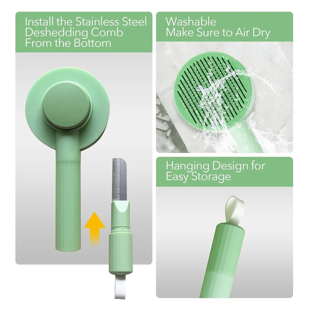 Green and yellow pet grooming brush with stainless steel comb for cats and dogs, showing hanging loop and curved teeth design