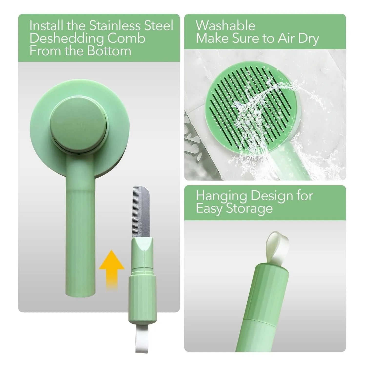 Green and yellow pet grooming brush with stainless steel comb for cats and dogs, showing hanging loop and curved teeth design