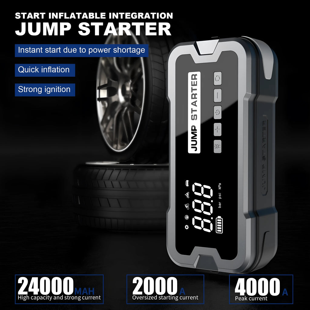 CY53 black portable car jump starter and tyre inflator unit with digital screen display
