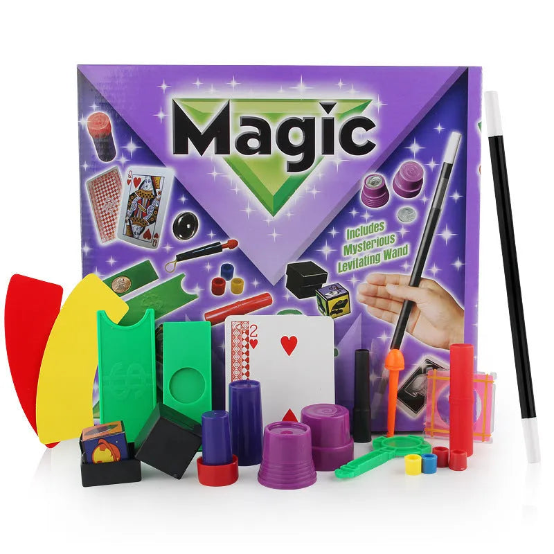 Children's magic trick set with plastic props in purple or red colours for ages 3-7
