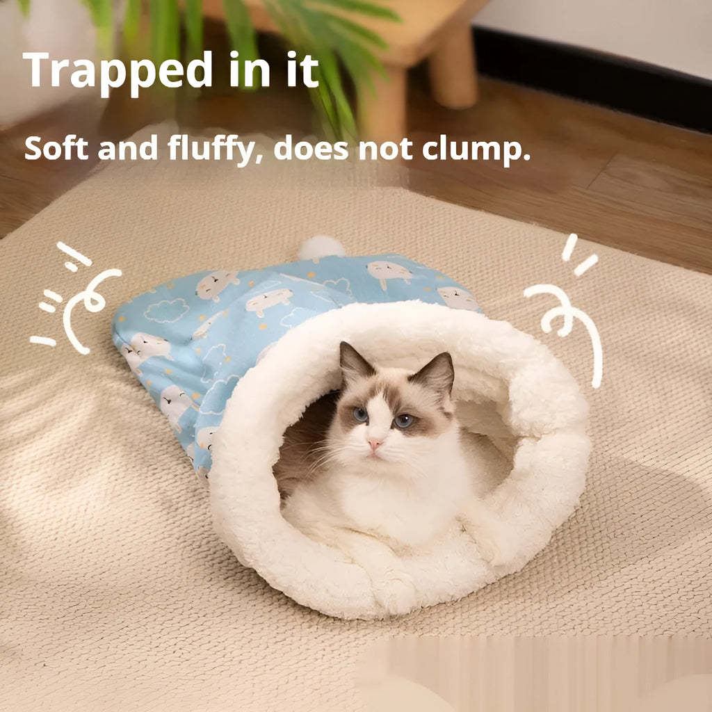 Cat sleeping bag nest with flannel lining in blue rabbit pattern, dimensions 50x40 cm