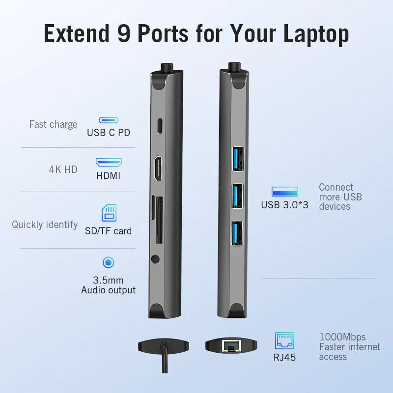Deep grey aluminium alloy USB-C to HDMI, Ethernet, USB 3.0, and card reader hub adapter on a desk.