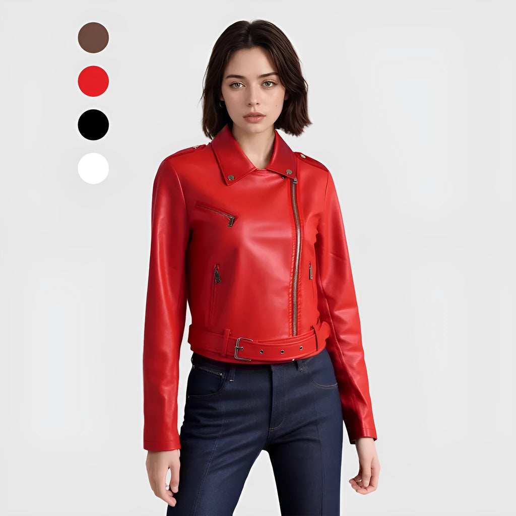 Women's black PU leather biker jacket with lapel collar and an adjustable waist belt on a hanger.