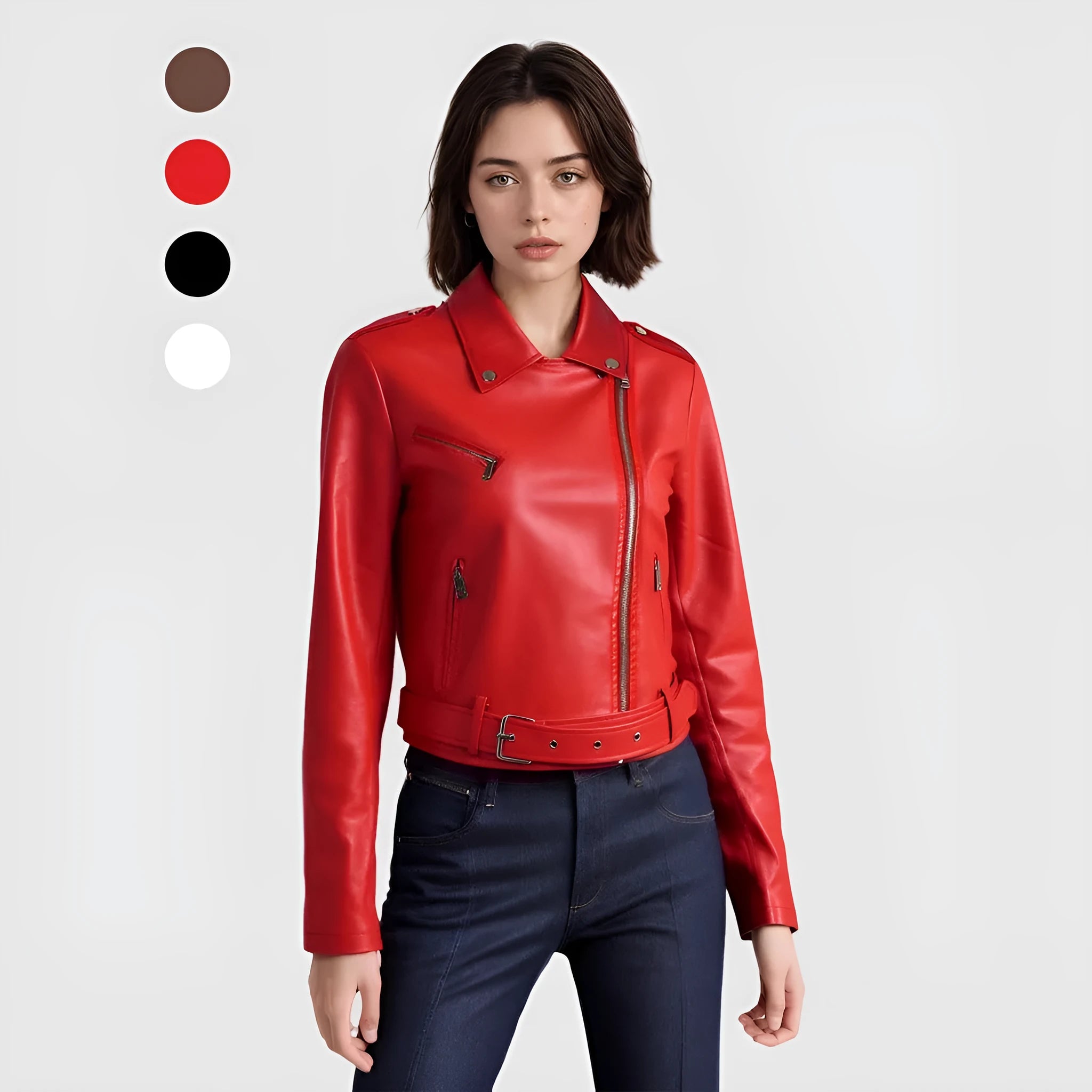 Women's black PU leather biker jacket with lapel collar and an adjustable waist belt on a hanger.