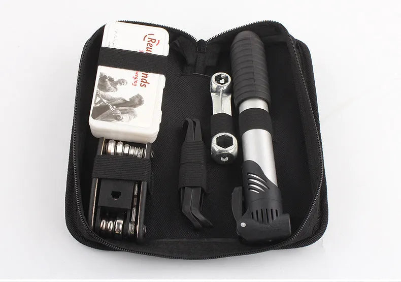 SNJUE black bicycle repair tool kit with chrome-plated socket wrenches, Allen keys, tyre films and mini pump
