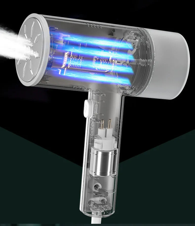 White hanging garment steamer with hand-held hook and stainless steel panel.