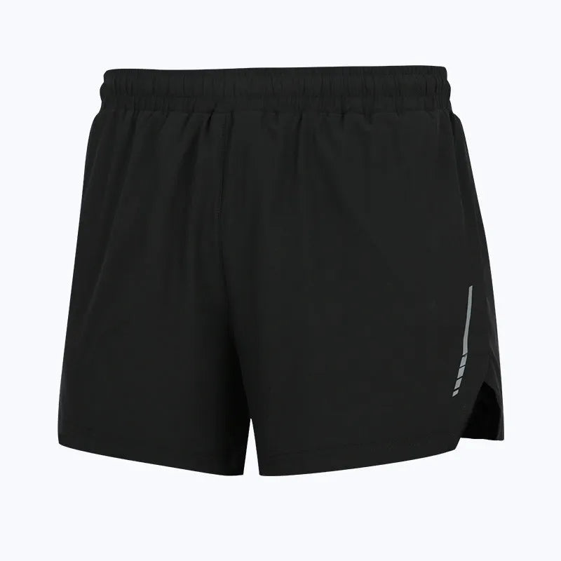 Grey straight-leg men's running shorts made from quick-drying polyester fabric on a mannequin.