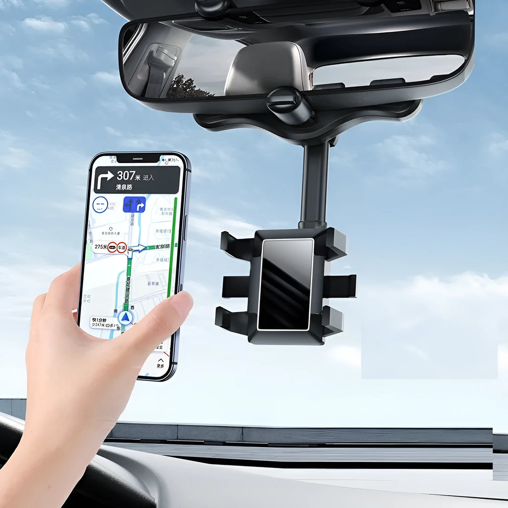 Rearview mirror navigation bracket showing left-right rotation mechanism for in-car device mounting