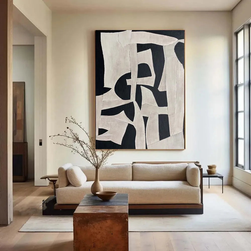 Handmade modern abstract black white textured oil painting on canvas, unstretched and frameless, vertical orientation