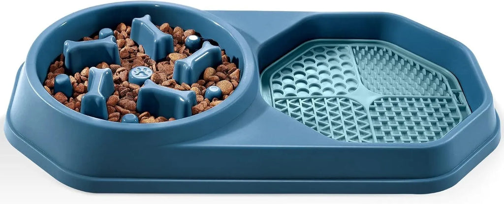 Blue slow feeder dog bowl with puzzle ridges and non-slip base for medium-sized dogs.