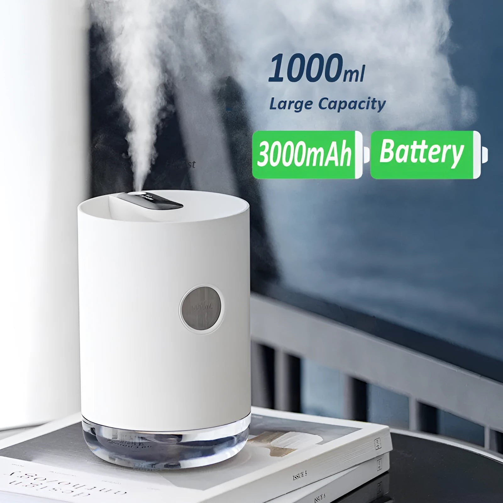 Blue wireless USB humidifier with water tank on a wooden desk next to a plant.