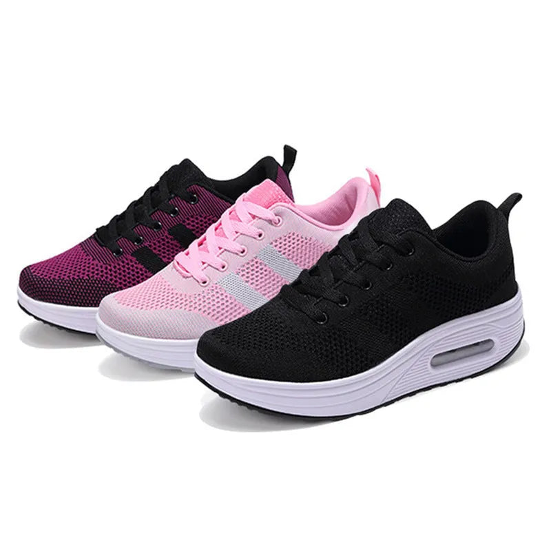 Women's solid colour flyknit air cushion platform casual shoes with vulcanised sole