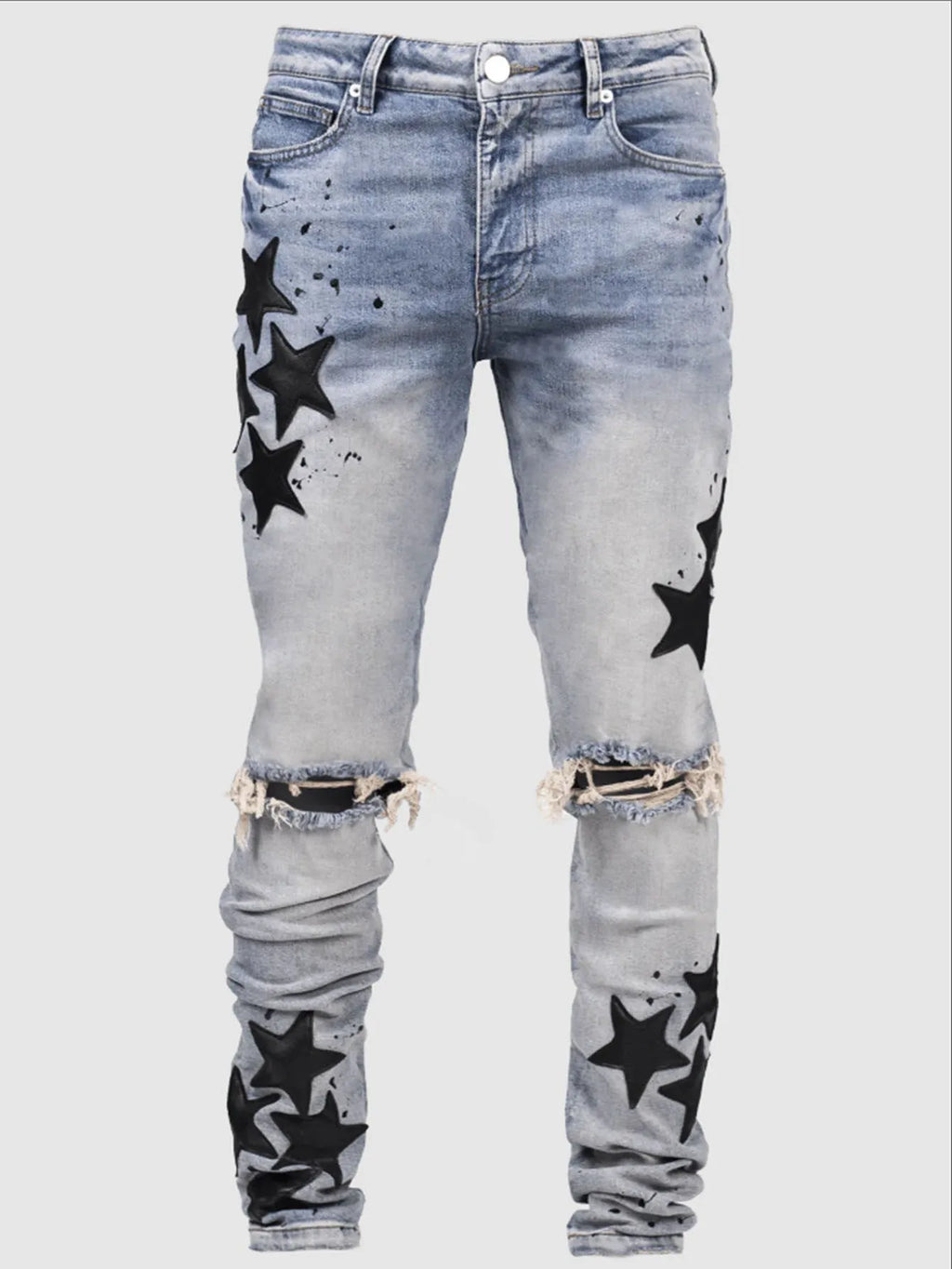 Men's slim stretch jeans in blue, grey, and light blue colours with embroidery detail