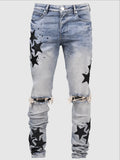 Men's slim stretch jeans in blue, grey, and light blue colours with embroidery detail