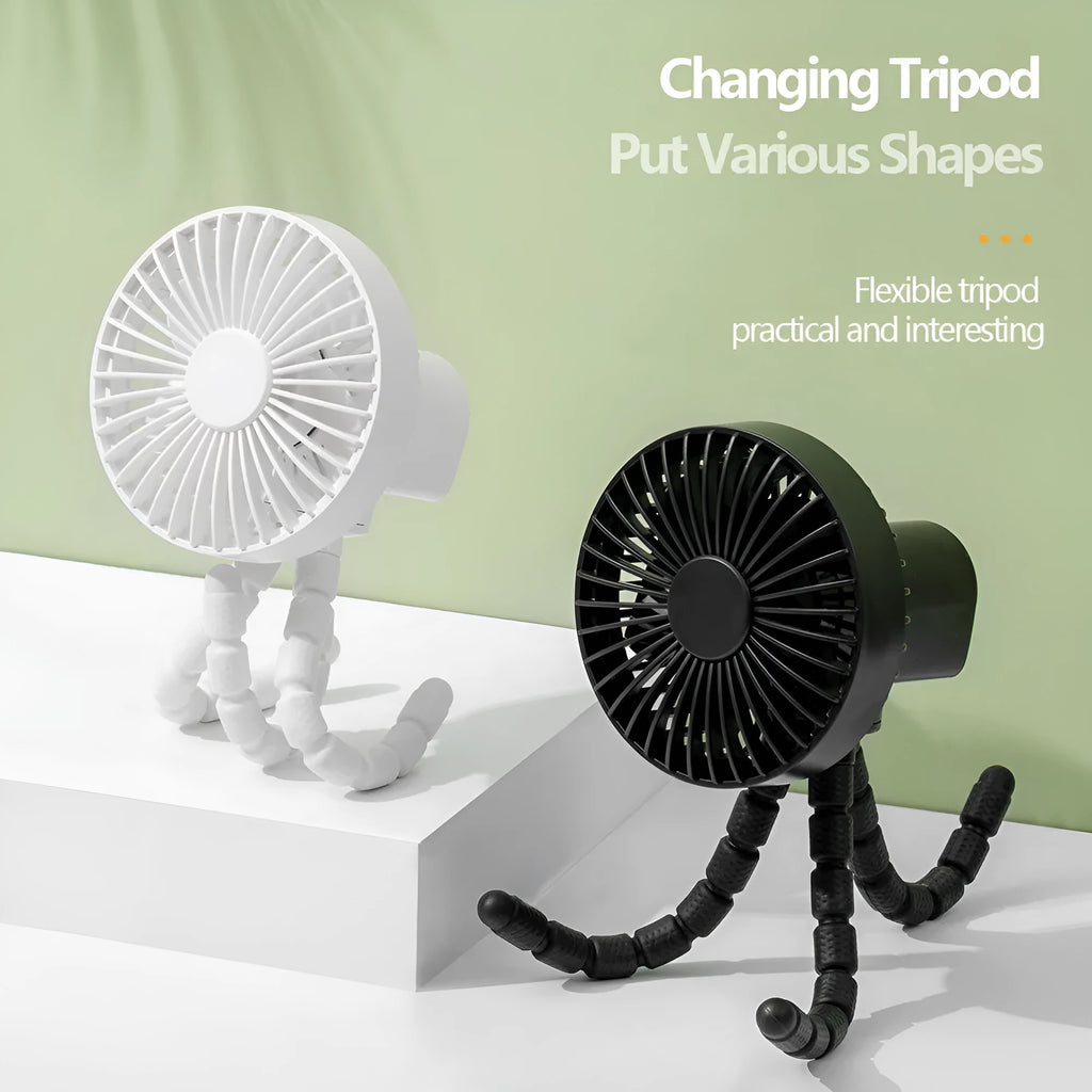 Small adjustable desktop fan with flexible tripod and bending head, shown in white colour.