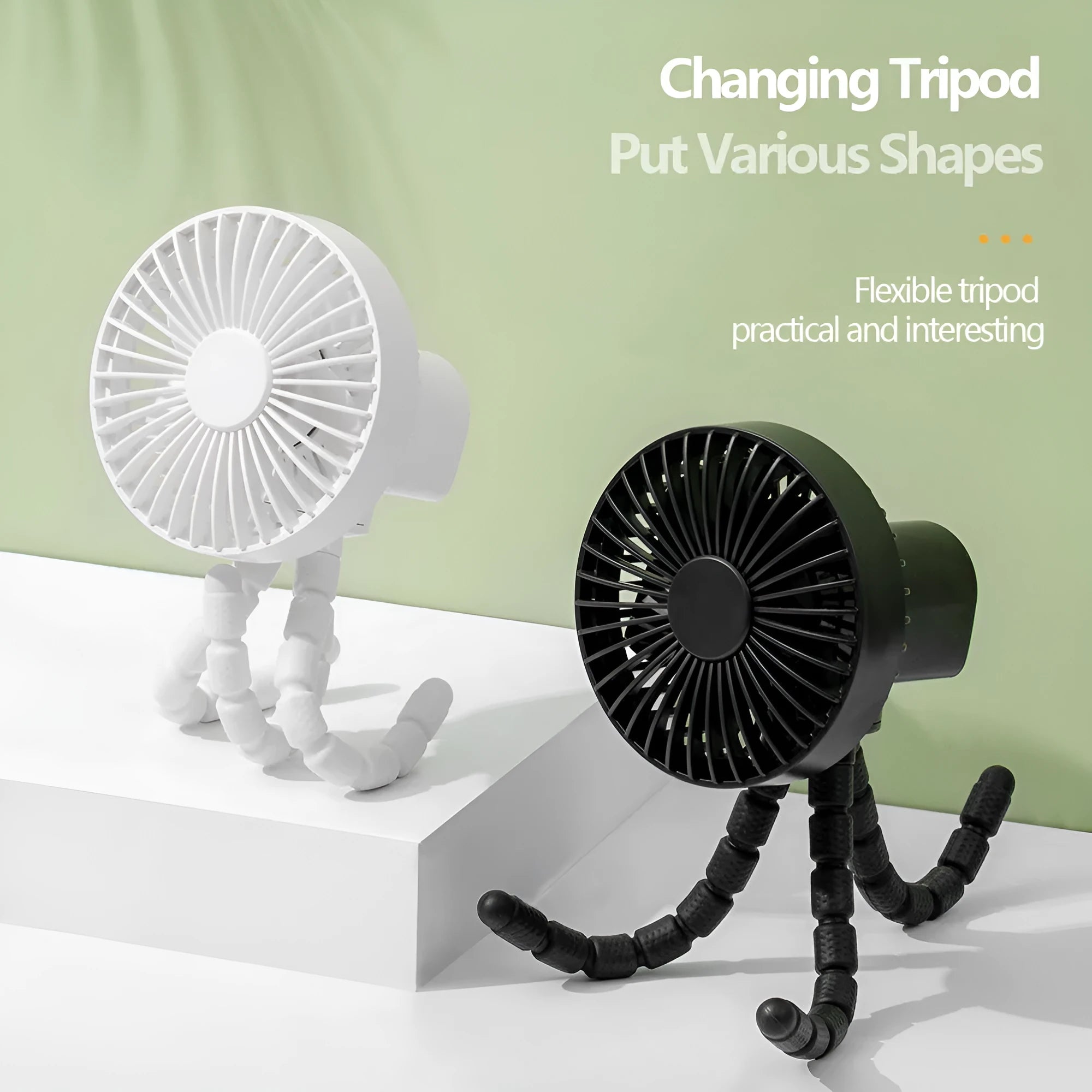 Small adjustable desktop fan with flexible tripod and bending head, shown in white colour.