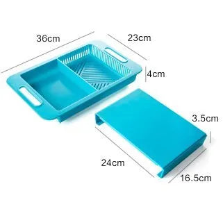 Blue kitchen chopping board with integrated drain basket for vegetable and meat preparation