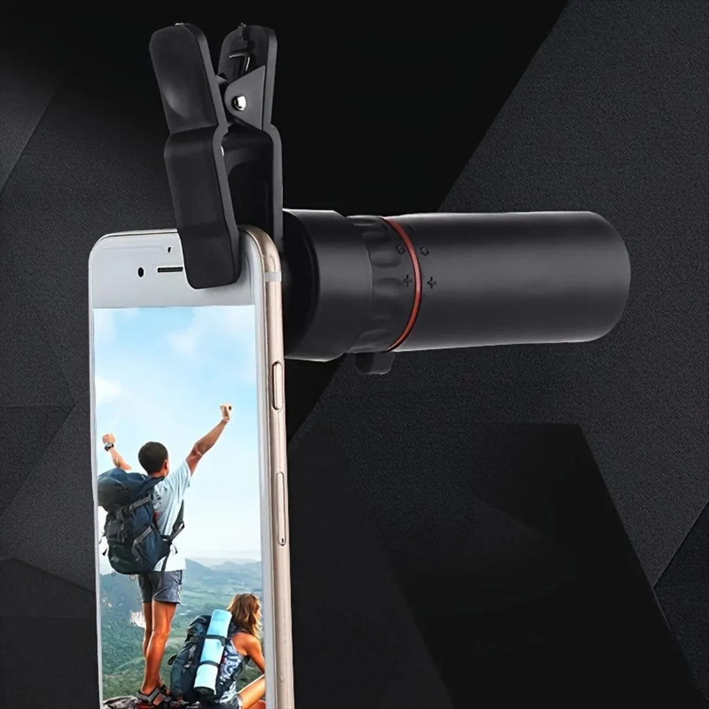 Black monocular telescope with mobile phone holder attachment for outdoor viewing