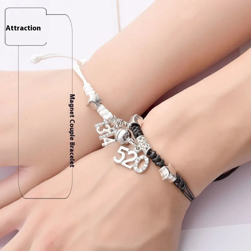 Magnetic couple bracelets with alloy electroplated finish showing multiple design styles including love locks and crown patterns