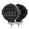 7-inch circular LED car headlight with black die-cast aluminium housing and PMMA lens on dark background