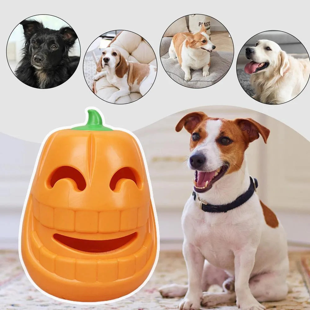 Yellow pumpkin-shaped TPR dog chew toy measuring 8.6x11.5cm for aggressive chewers