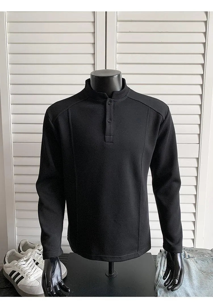 Men's loose-fit long sleeve polo shirt with an asymmetric design and stand-up collar in grey.